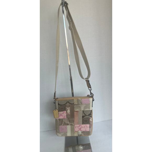 Coach Pink and Tan Patchwork Signature Jacquard  Crossbody Strap Bag - Picture 1 of 11